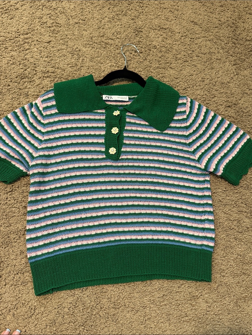 Zara Green, Blue & Pink Striped Knit Polo Top